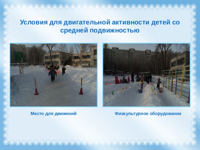 Условия для двигательной активности детей со средней подвижностью Место для движений Физкультурное оборудование 
