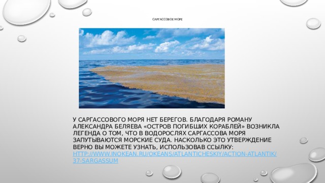 Саргассовое море У Саргассового моря нет берегов. Благодаря роману Александра Беляева «Остров погибших кораблей» возникла легенда о том, что в водорослях Саргассова моря запутываются морские суда. Насколько это утверждение верно вы можете узнать, использовав ссылку: http://www.inokean.ru/okeans/atlanticheskiy/action-atlantik/37-sargassum 
