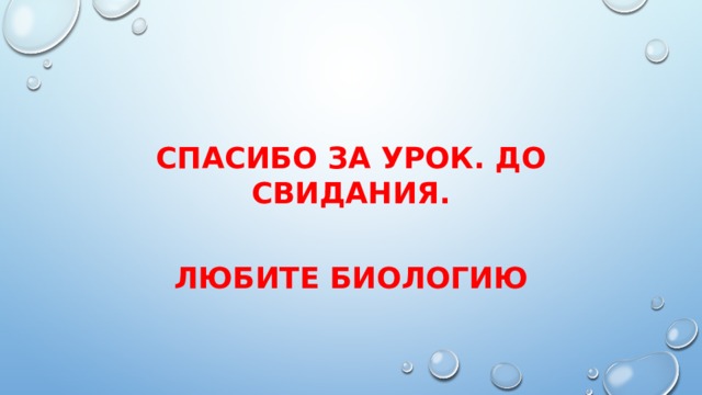Спасибо за урок. До свидания.  Любите биологию 
