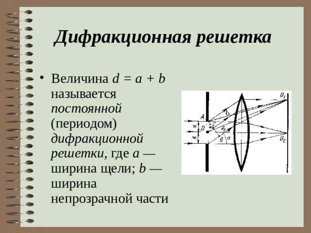 Дифракционная решетка  Величина  d = a + b называется постоянной (периодом) дифракционной решетки, где а — ширина щели;  b — ширина непрозрачной части 