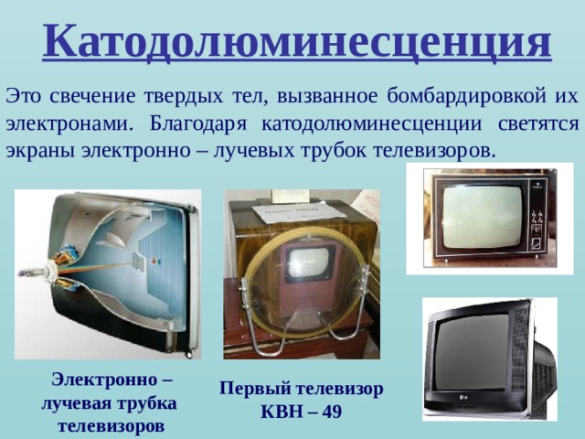 Катодолюминесценция Это свечение твердых тел, вызванное бомбардировкой их электронами. Благодаря катодолюминесценции светятся экраны электронно – лучевых трубок телевизоров. Электронно – лучевая трубка телевизоров Первый телевизор КВН – 49  