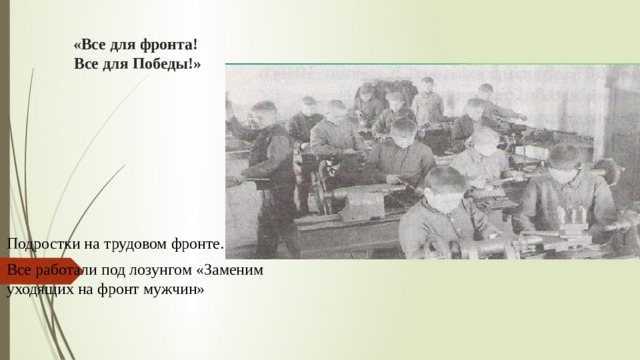 «Все для фронта!  Все для Победы!» Подростки на трудовом фронте. Все работали под лозунгом «Заменим уходящих на фронт мужчин» 