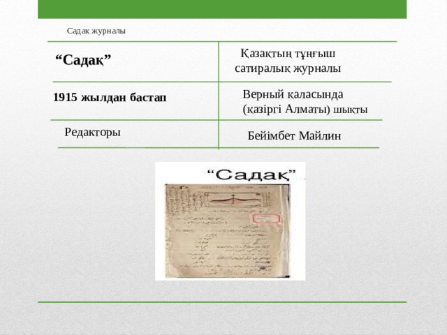 Садақ журналы Қазақтың тұңғыш сатиралық журналы “ Садақ” Верный қаласында (қазіргі Алматы ) шықты 1915 жылдан бастап Редакторы Бейімбет Майлин 