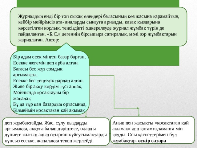 Журналдың енді бір топ сықақ өлеңдері баласының көз жасына қарамайтын, кейбір мейірімсіз ата- аналарды сынауға арналды, қазақ қыздарына көрсетілген қорлық, теңсіздікті әшкерелеуде журнал жұмбақ түрін де пайдаланған. «Б.С.» дегеннің бірсыпыра сатиралық, мәні зор жұмбақтарын жариялаған. Автор: Бір адам есек мінген базар барған, Есекке жегемін деп арба алған. Бағасы бес жүз сомдық арғымақты, Есекке бес теңгелік парлап алған. Және бір аққу көрдім түсі аппақ, Мойнында қосақтаулы бір жапалақ Бұ да тұр қан базардың ортасында, Білмеймін қосақтаған қай ақымақ деп жұмбақтайды. Жас, сұлу қыздарды арғымаққа, аққуға балап дәріптесе, оларды дүниеге жығып алып отырған күйеусымақтарды құнсыз есекке, жапалаққа теңеп жерлейді. Анық пен жасықты «қосақтаған қай ақымақ» деп қоғамға,заманға мін қояды. Осы қасиеттерімен бұл жұмбақтар- өткір сатара 