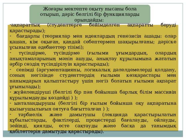Жоғары мектепте оқыту нысаны бола отырып, дәріс белгілі бір функцияларды орындайды: ақпараттық (студенттерге бейімделген ақпаратты беруді қарастырады);  бағдарлы (теориялар мен идеялардың генезисін ашады: олар қашан, кім оқыған, қандай себептермен шақырылғаны; дәріске ұсынылған әдебиеттер тізімі);  түсіндірме, түсіндірме (ғылыми ұғымдардың, олардың анықтамаларының мәнін ашуды, анықтау құрылымына жататын әрбір сөздің түсіндірілуін қарастырады);  сенімді (аргументацияны, логикалық дәлелдемелерді қолдану, соның негізінде студенттердің ғылыми көзқарастары мен нанымдарын қалыптастыру үшін негіз болатын ғылыми ақпарат ұғынылады);  жүйелендіруші (белгілі бір пән бойынша барлық білім массивін құрылымдауды көздейді ) );  ынталандырушы (белгілі бір ғылым бойынша оқу ақпаратына қызығушылығын оятуға бағытталған ) );  тәрбиелік және дамытушы (лекцияда қарастырылатын құбылыстарды, фактілерді, процестерді бағалауды, ойлауды, зейінді, қиялды, есте сақтауды және басқа да танымдық қабілеттерін дамытуды қарастырады). 