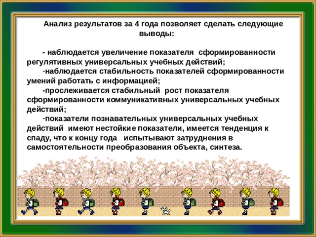 Анализ результатов за 4 года позволяет сделать следующие выводы:  - наблюдается увеличение показателя сформированности регулятивных универсальных учебных действий; наблюдается стабильность показателей сформированности умений работать с информацией; -прослеживается стабильный рост показателя сформированности коммуникативных универсальных учебных действий; показатели познавательных универсальных учебных действий имеют нестойкие показатели, имеется тенденция к спаду, что к концу года испытывают затруднения в самостоятельности преобразования объекта, синтеза.  