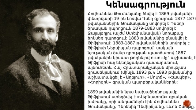 Կենսագրություն  Հովհաննես Թումանյանը ծնվել է 1869 թվականի փետրվարի 19-ին Լոռվա Դսեղ գյուղում: 1877-1879 թվականներին Թումանյանը սովորել է Դսեղի ծխական դպրոցում։ 1879-1883 սովորել է Ջալալօղլու (այժմ Ստեփանավան) նորաբաց երկսեռ դպրոցում: 1883 թվականից բնակվել է Թիֆլիսում: 1883-1887 թվականներին սովորել է Թիֆլիսի Ներսիսյան դպրոցում, սակայն նյութական ծանր դրության պատճառով 1887 թվականին կիսատ թողնելով ուսումը` աշխատել է Թիֆլիսի հայ եկեղեցական դատարանում, այնուհետև Հայ Հրատարակչական միության գրասենյակում (մինչև 1893 թ.)։ 1893 թվականից աշխատակցել է «Աղբյուր», «Մուրճ», «Հասկեր», «Հորիզոն» գրական պարբերականներին: 1899 թվականին նրա նախաձեռնությամբ Թիֆլիսում ստեղծվել է «Վերնատուն» գրական խմբակը, որի անդամներն էին Հովհաննես Թումանյանը, Դերենիկ Դեմիրճյանը, Լևոն Շանթը, Ղազարոս Աղայանը, Ավետիք Իսահակյանը, Նիկոլ Աղբալյանը և ուրիշներ։ Որոշ ընդմիջումներով խմբակը գործել է մինչև 1908 թ.: 