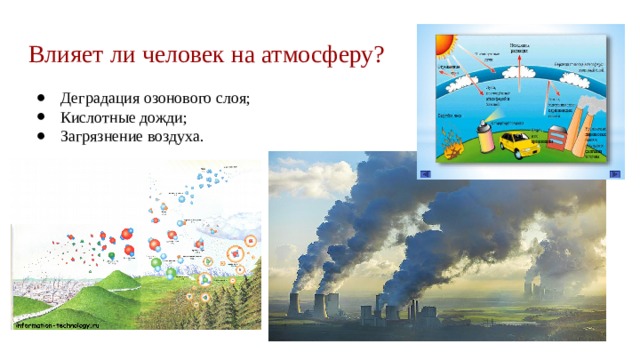 Влияет ли человек на атмосферу? Деградация озонового слоя; Кислотные дожди; Загрязнение воздуха. 
