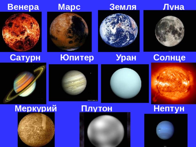 Венера Марс Земля Луна   Сатурн  Юпитер Уран Солнце     Меркурий Плутон Нептун  