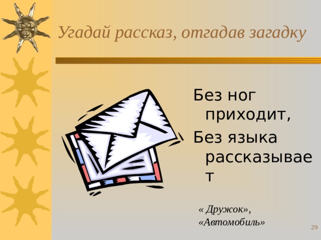 Угадай рассказ, отгадав загадку Без ног приходит, Без языка рассказывает « Дружок», «Автомобиль»  