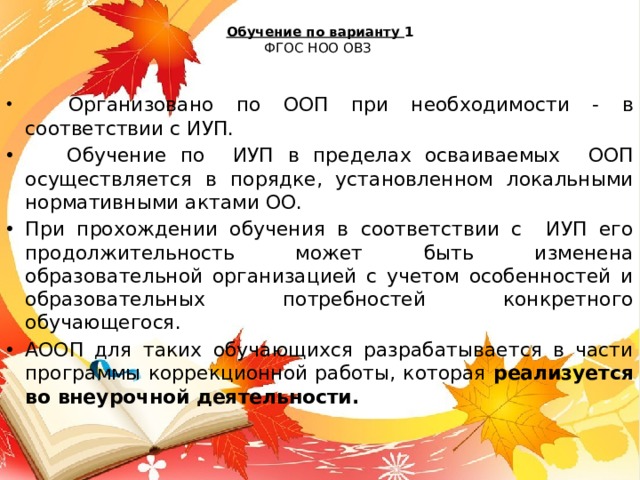 Обучение по варианту 1  ФГОС НОО ОВЗ  Организовано по ООП при необходимости - в соответствии с ИУП.  Обучение по ИУП в пределах осваиваемых ООП осуществляется в порядке, установленном локальными нормативными актами ОО. При прохождении обучения в соответствии с ИУП его продолжительность может быть изменена образовательной организацией с учетом особенностей и образовательных потребностей конкретного обучающегося. АООП для таких обучающихся разрабатывается в части программы коррекционной работы, которая реализуется во внеурочной деятельности. 