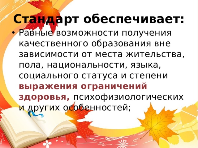 Стандарт обеспечивает: Равные возможности получения качественного образования вне зависимости от места жительства, пола, национальности, языка, социального статуса и степени выражения ограничений здоровья,  психофизиологических и других особенностей;  
