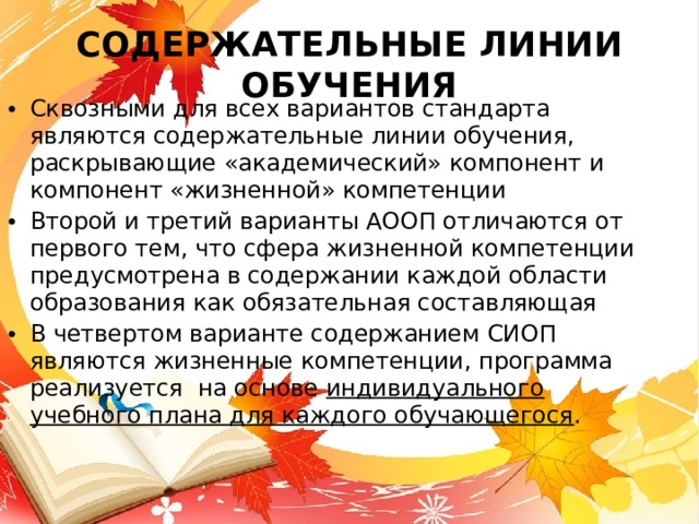 СОДЕРЖАТЕЛЬНЫЕ ЛИНИИ ОБУЧЕНИЯ Сквозными для всех вариантов стандарта являются содержательные линии обучения, раскрывающие «академический» компонент и компонент «жизненной» компетенции Второй и третий варианты АООП отличаются от первого тем, что сфера жизненной компетенции предусмотрена в содержании каждой области образования как обязательная составляющая В четвертом варианте содержанием СИОП являются жизненные компетенции, программа реализуется на основе индивидуального учебного плана для каждого обучающегося .   
