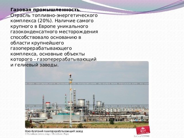 Газовая промышленность . Отрасль топливно-энергетического комплекса (20%). Наличие самого крупного в Европе уникального газоконденсатного месторождения способствовало основанию в области крупнейшего газоперерабатывающего комплекса, основные объекты которого - газоперерабатывающий и гелиевый заводы. 