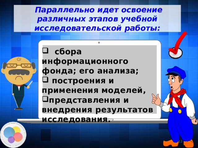  Параллельно идет освоение различных этапов учебной исследовательской работы:  сбора информационного фонда; его анализа;  построения и применения моделей, представления и внедрения результатов исследования.  7 7 