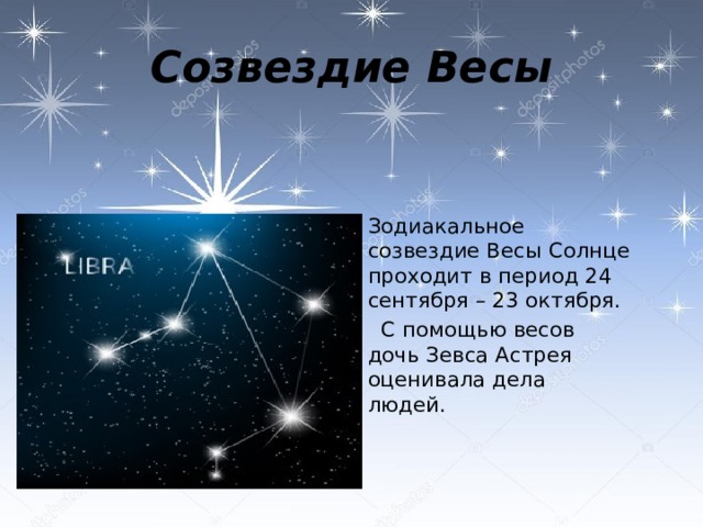 Созвездие Весы  Зодиакальное созвездие Весы Солнце проходит в период 24 сентября – 23 октября.  С помощью весов дочь Зевса Астрея оценивала дела людей. 