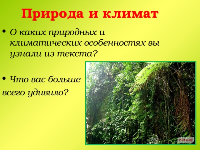 Природа и климат О каких природных и климатических особенностях вы узнали из текста?  Что вас больше всего удивило?  