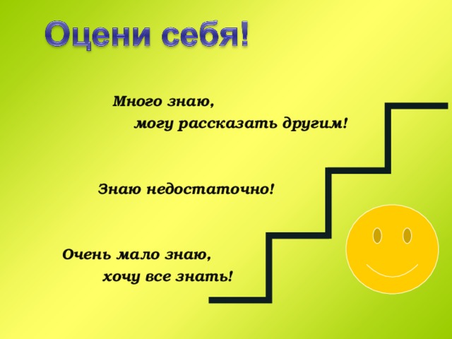 ОЦЕНИ СЕБЯ!  Много знаю,  могу рассказать другим!    Знаю недостаточно!    Очень мало знаю,  хочу все знать! 