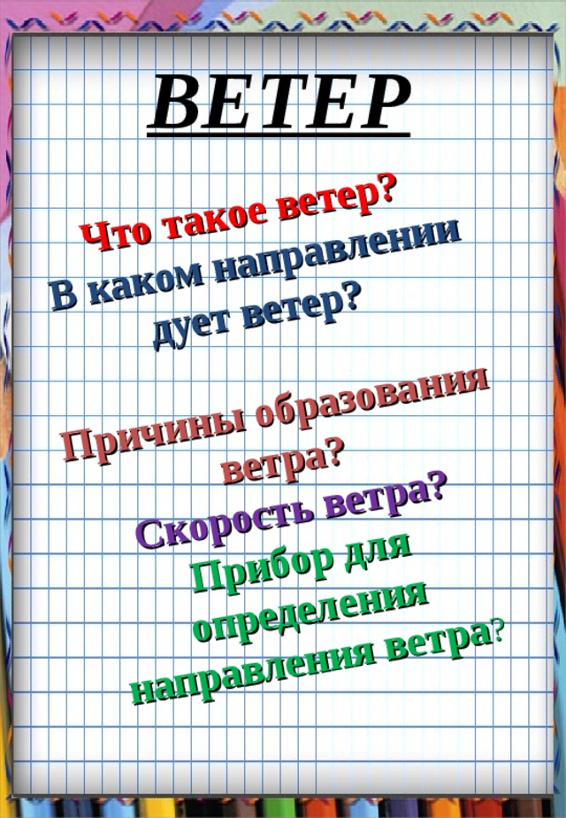 Что такое ветер?  В каком направлении дует ветер?  Причины образования ветра? Скорость ветра? Прибор для определения направления ветра ? ВЕТЕР 