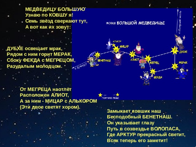 МЕДВЕДИЦУ БОЛЬШУЮ  Узнаю по КОВШУ я!  Семь звёзд сверкают тут,  А вот как их зовут:  ДУБХЕ освещает мрак,  Рядом с ним горит МЕРАК,  Сбоку ФЕКДА с МЕГРЕЦОМ,  Разудалым молодцом. От МЕГРЕЦА наотлёт  Расположен АЛИОТ, А за ним - МИЦАР с АЛЬКОРОМ  (Эти двое светят хором). Замыкает ковшик наш  Бесподобный БЕНЕТНАШ.  Он указывает глазу  Путь в созвездье ВОЛОПАСА,  Где АРКТУР прекрасный светит,  Всяк теперь его заметит! 