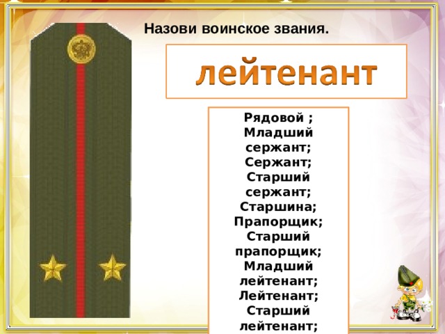 Назови воинское звания. Рядовой ; Младший сержант; Сержант; Старший сержант; Старшина; Прапорщик; Старший прапорщик; Младший лейтенант; Лейтенант; Старший лейтенант; Капитан ; Майор; Подполковник; Полковник. 