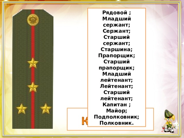 Рядовой ; Младший сержант; Сержант; Старший сержант; Старшина; Прапорщик; Старший прапорщик; Младший лейтенант; Лейтенант; Старший лейтенант; Капитан ; Майор; Подполковник; Полковник. 