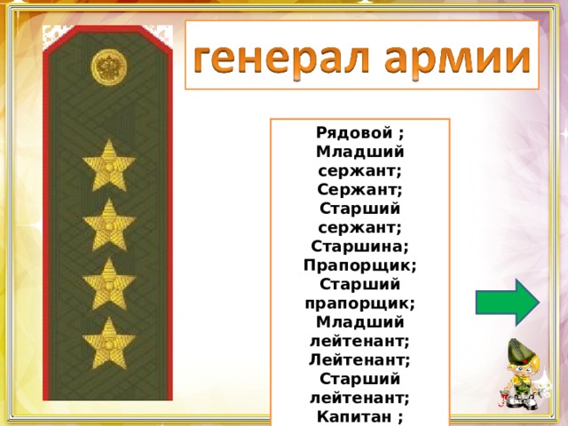 Рядовой ; Младший сержант; Сержант; Старший сержант; Старшина; Прапорщик; Старший прапорщик; Младший лейтенант; Лейтенант; Старший лейтенант; Капитан ; Майор; Подполковник; Полковник. 