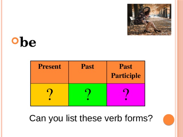 be Present ? Past Past Participle ? ? Can you list these verb forms? 