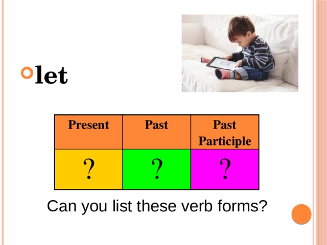 let Present ? Past Past Participle ? ? Can you list these verb forms? 