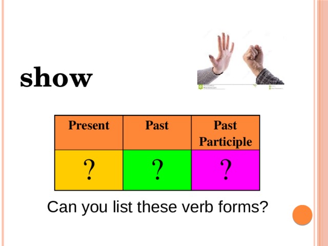show Present ? Past Past Participle ? ? Can you list these verb forms? 
