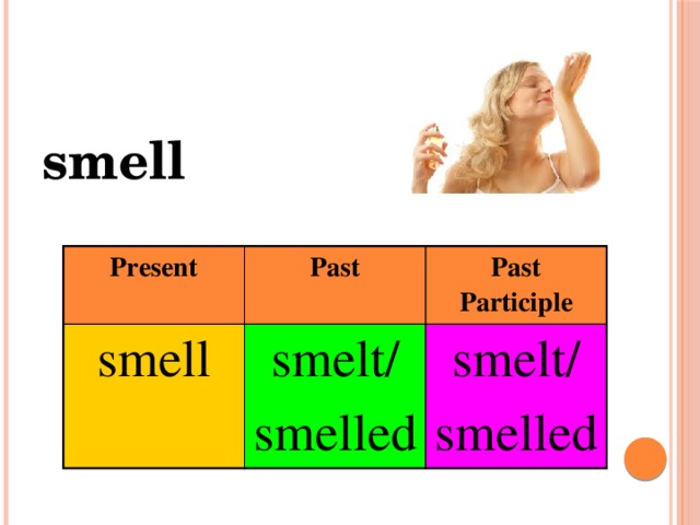 smell Present smell Past Past Participle smelt/ smelt/ smelled smelled 