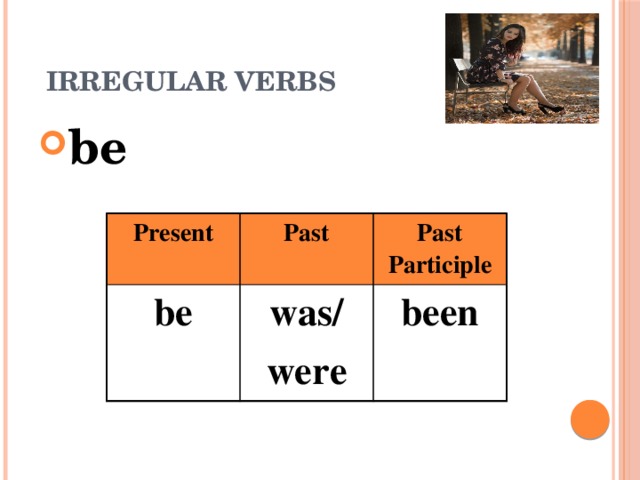  IRREGULAR VERBS  be Present be Past Past Participle was/ been were 