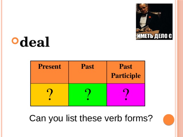 deal Present ? Past Past Participle ? ? Can you list these verb forms? 