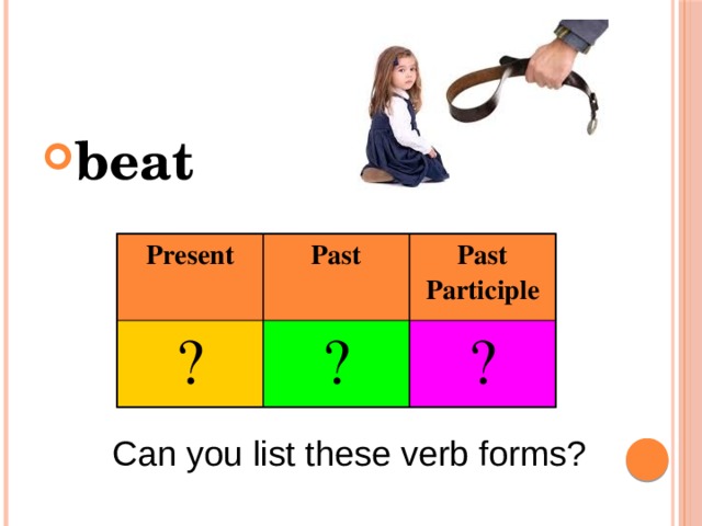 beat Present ? Past Past Participle ? ? Can you list these verb forms? 