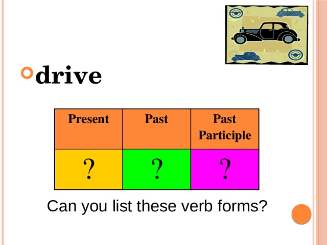 drive Present ? Past Past Participle ? ? Can you list these verb forms? 