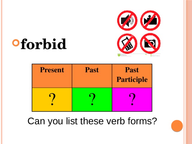 forbid Present ? Past Past Participle ? ? Can you list these verb forms? 