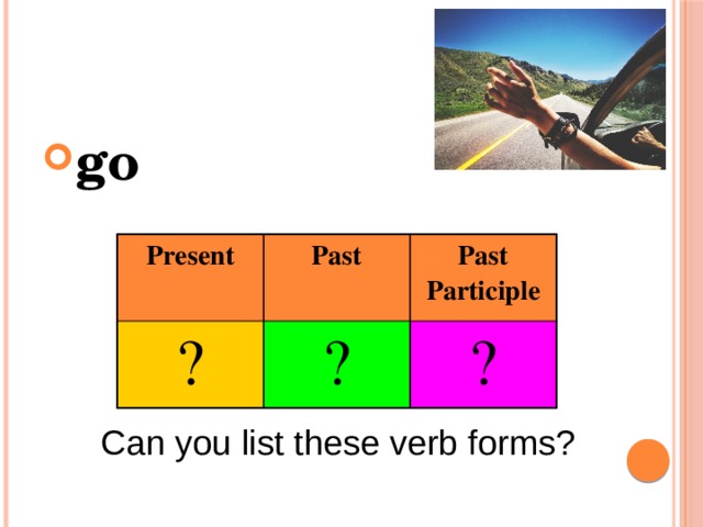 go Present ? Past Past Participle ? ? Can you list these verb forms? 