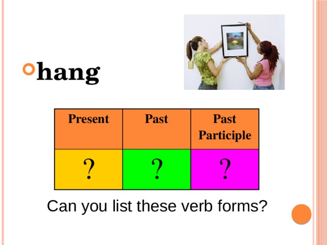 hang Present ? Past Past Participle ? ? Can you list these verb forms? 
