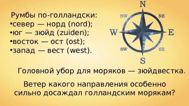 Румбы по-голландски: север — норд ( nord ); юг — зюйд ( zuiden ); восток — ост ( ost ); запад — вест ( west ). Головной убор для моряков — зюйдвестка. Ветер какого направления особенно сильно досаждал голландским морякам? 