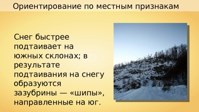 Ориентирование по местным признакам Снег быстрее подтаивает на южных склонах; в результате подтаивания на снегу образуются зазубрины — «шипы», направленные на юг. 