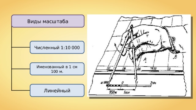 Виды масштаба Численный 1:10 000 Именованный в 1 см 100 м. Линейный 