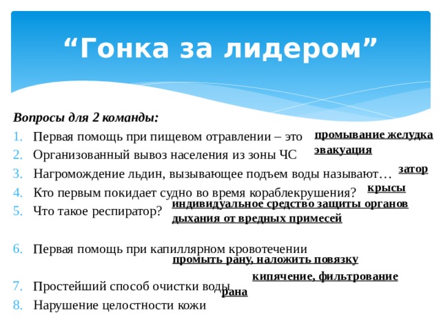 “ Гонка за лидером” Вопросы для 2 команды: Первая помощь при пищевом отравлении – это Организованный вывоз населения из зоны ЧС Нагромождение льдин, вызывающее подъем воды называют… Кто первым покидает судно во время кораблекрушения? Что такое респиратор? Первая помощь при капиллярном кровотечении Простейший способ очистки воды Нарушение целостности кожи промывание желудка эвакуация затор крысы индивидуальное средство защиты органов дыхания от вредных примесей промыть рану, наложить повязку кипячение, фильтрование рана 
