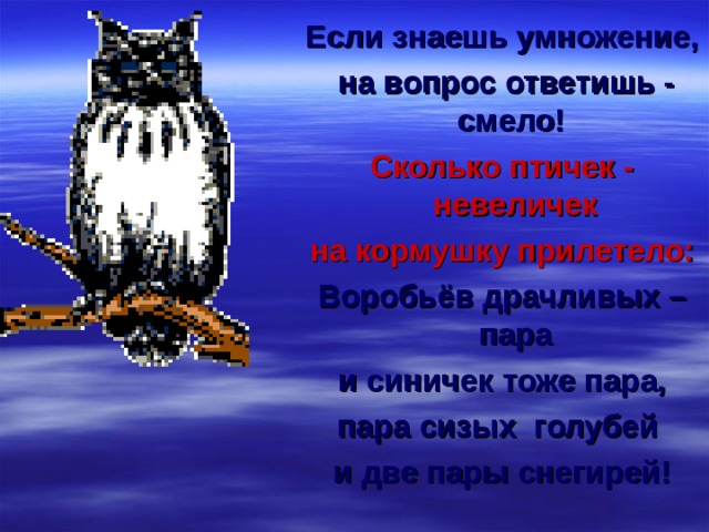 Если знаешь умножение,  на вопрос ответишь - смело! Сколько птичек - невеличек на кормушку прилетело: Воробьёв драчливых – пара и синичек тоже пара, пара сизых голубей и две пары снегирей! 