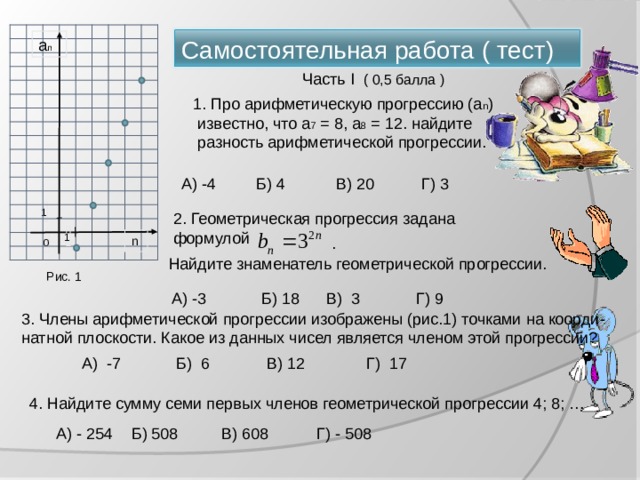 Самостоятельная работа ( тест) a n Часть I  ( 0,5 балла ) 1. Про арифметическую прогрессию (а n )  известно, что а 7 = 8, а 8 = 12. найдите  разность арифметической прогрессии. В) 20 Г) 3 А) -4 Б) 4 1 2. Геометрическая прогрессия задана  формулой 1 . n 0 Найдите знаменатель геометрической прогрессии. Рис. 1 Б) 18 В) 3 Г) 9 А) -3 3. Члены арифметической прогрессии изображены (рис.1) точками на коорди-  натной плоскости. Какое из данных чисел является членом этой прогрессии? Б) 6 Г) 17 А) -7 В) 12 4. Найдите сумму семи первых членов геометрической прогрессии 4; 8; … Б) 508 В) 608 Г) - 508 А) - 254 13 