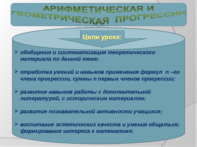 обобщение и систематизация теоретического материала по данной теме;   отработка умений и навыков применения формул n –го члена прогрессии, суммы n первых членов прогрессии;   развитие навыков работы с дополнительной литературой, с историческим материалом;   развитие познавательной активности учащихся;   воспитание эстетических качеств и умения общаться; формирование интереса к математике. 