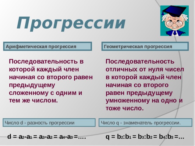 Прогрессии Арифметическая прогрессия Геометрическая прогрессия Последовательность в которой каждый член начиная со второго равен предыдущему сложенному с одним и тем же числом. Последовательность отличных от нуля чисел в которой каждый член начиная со второго равен предыдущему умноженному на одно и тоже число. Число d  - разность прогрессии Число q  - знаменатель прогрессии. d = a 2 -a 1 = a 3 -a 2 = a 4 -a 3 =…. q = b 2 : b 1 = b 3 : b 2 = b 4 : b 3 =… 