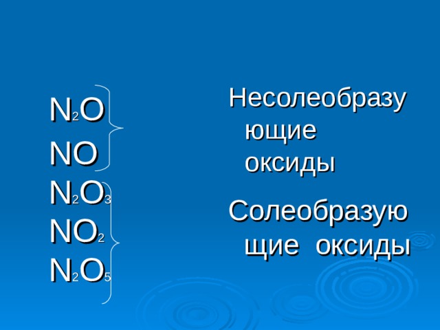 Несолеобразующие оксиды N 2 O NO N 2 O 3 NO 2 N 2 O 5 Солеобразующие оксиды 