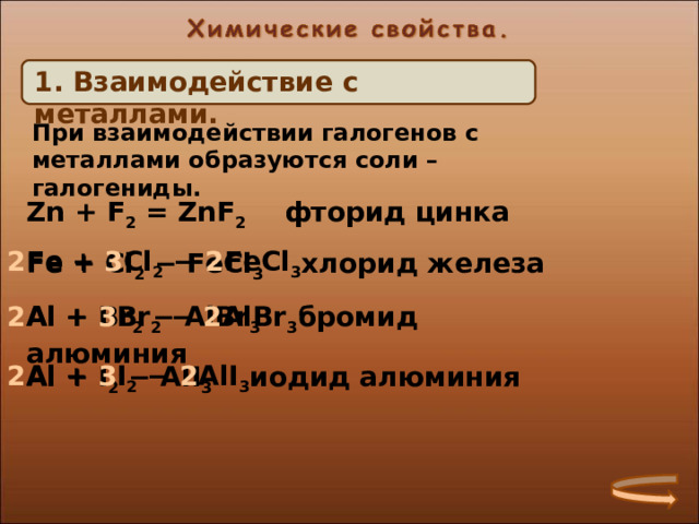 1. Взаимодействие с металлами. При взаимодействии галогенов с металлами образуются соли – галогениды. Zn + F 2 = ZnF 2  фторид цинка 2 Fe + 3 Cl 2 − 2 FeCl 3  Fe + Cl 2 − FeCl 3  хлорид железа 2 Al + 3 Br 2 − 2 AlBr 3  Al + Br 2 − AlBr 3  бромид алюминия 2 Al + 3 I 2 − 2 AlI 3  Al + I 2 − AlI 3  иодид алюминия 18 