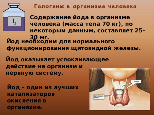 Содержание йода в организме человека (масса тела 70 кг), по некоторым данным, составляет 25–30 мг. I 2 Йод необходим для нормального функционирования щитовидной железы. Йод оказывает успокаивающее  действие на организм и  нервную систему. Йод – один из лучших катализаторов окисления в организме. 29 