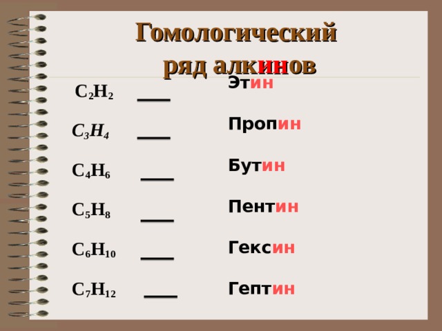 Гомологический  ряд алк ин ов Эт ин   Проп ин Бут ин Пент ин Гекс ин Гепт ин Эт ин   Проп ин Бут ин Пент ин Гекс ин Гепт ин Эт ин   Проп ин Бут ин Пент ин Гекс ин Гепт ин Эт ин   Проп ин Бут ин Пент ин Гекс ин Гепт ин Эт ин   Проп ин Бут ин Пент ин Гекс ин Гепт ин  C 2 H 2  C 3 H 4  C 4 H 6  C 5 H 8  C 6 H 1 0  C 7 H 1 2  